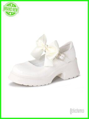 Mary Jane Platform Chunky Block Heels with Detachable Bow